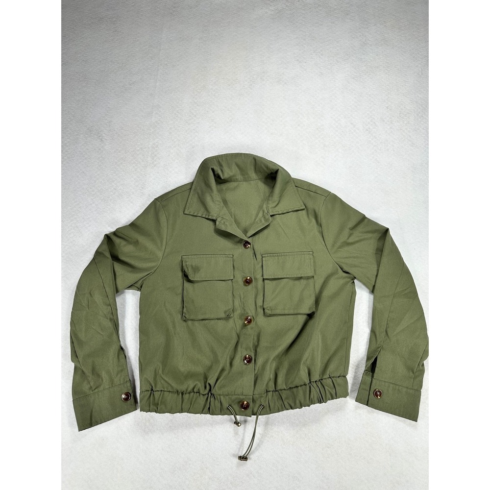 Army Green Utility Jacket Womens S Small Drawstring Hem Crop Cargo Shacket